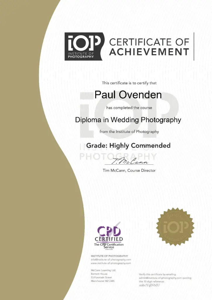 Diploma in Wedding Photography Certificate HIGHLY COMMENDED