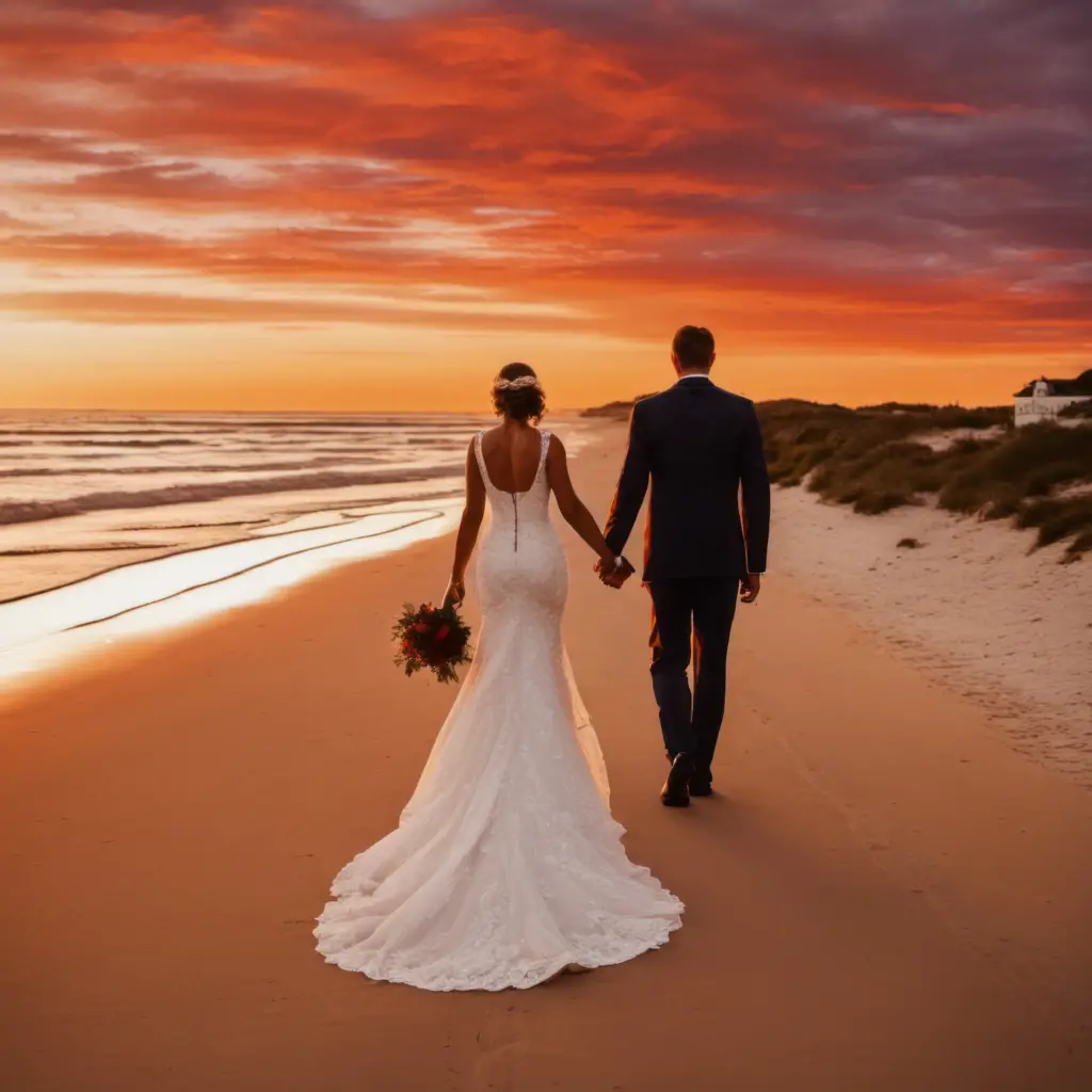 Bride Groom Walking Off Into Beach Sunset